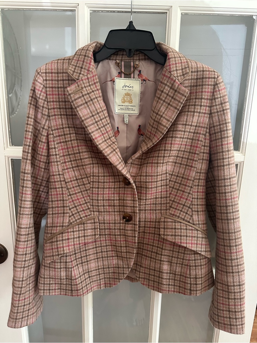 Joules Pink Plaid Pheasant Lining Wool Blend Women's Blazer Jacket US size 4